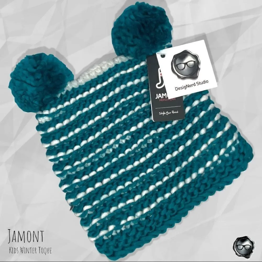 NORDIC DOUBLE-POM BEANIE SOFT KNIT STRIPED SKI HAT POM POM IN TEAL NO ITCH